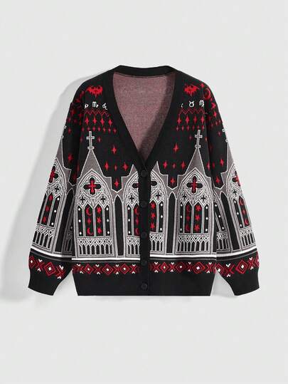 Goth Women's Casual Geometric Pattern Cardigan, Autumn/Winter
