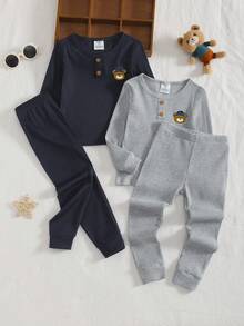 4件套男童柔软舒适面料套装，可爱小熊刺绣装饰，休闲修身长袖上衣和裤子家居服套装 - 彩色 - 查看 1