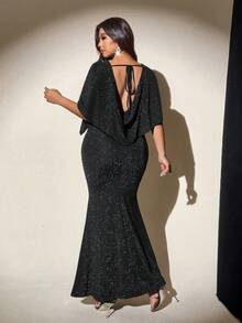 Viva Relle Plus Size Women's Elegant Backless Knit Dress, Sparkly Fabric, Round Neck, Waist Cinched, Sexy Party Gown, Fashion Statement, Versatile, Suitable For Spring, Autumn, Winter - Black - View 2