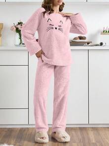 EURMUSE 2Pcs Plush Cute Cat Face Embroidery Detail PJ Set - Baby Pink - View 3