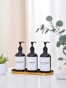 Set Of 3, 16.9oz/500ml Black Refillable Shampoo And Conditioner Dispenser Bottles With Pump And Waterproof Labels, Plastic Shower Bottles For Home, Hotels And Bathrooms Home Bathroom Decor Fall Decor Back To School - Black - View 8