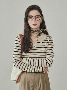 Blusa suéter para mujer manga larga cuello polo rayas beige negro casual dama cómoda suave ligera elegante otoño invierno oficina diario estilos acogedores de otoño&invierno blusas para mujer suéteres de mujer moda coreana básica moderna - Beis - Ver 8