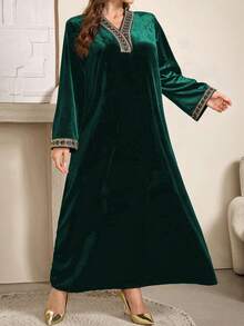 Al Najma Elegant Loose Long Sleeve Dress With Luxurious Ribbon Trim On V-Neck, Velvet Fabric In Olive Green - Dark Green - View 6