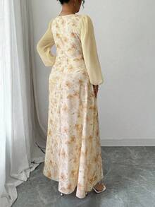 Modelyn 女士粉色花卉印花拼接方领长袖优雅约会连衣裙 - 黃色 - 查看 3
