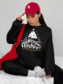 SHEIN EZwear Bộ 2 áo nỉ cổ tròn rộng rãi in hình cây thông Noel và quần legging bó - màu đen - Xem 3