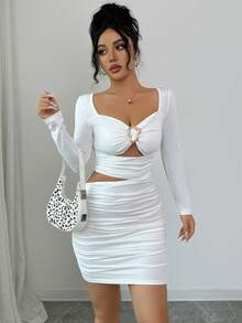 Gloray Women's Ruched Metal Buckle Ruched Sexy Dress - White - View 6