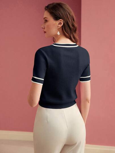 MOTF PREMIUM CONTRAST TRIM SHORT SLEEVE KNIT TOP KNIT PULLOVER FALL WINTER