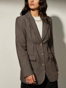 Aveloria Modichic Áo khoác len xương cá nữ, nút nhung kim loại dày, trang trí eo, áo khoác blazer thường ngày, trang phục công sở thanh lịch - Cà phê nâu - Xem 5
