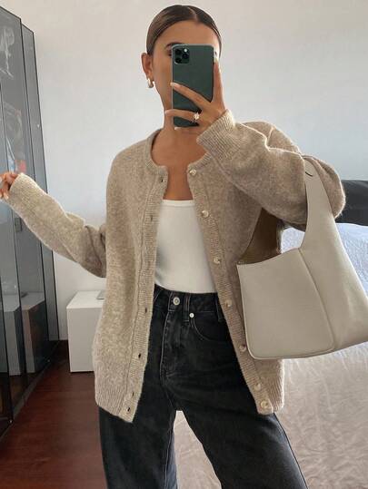 Livesso 女士宽松商务休闲纯色简约针织开衫，秋冬