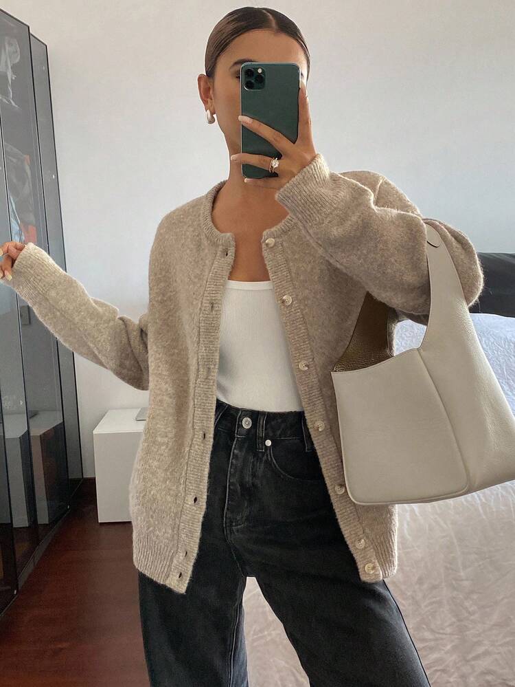 Women's Loose Business Casual Solid Color Minimalist Knit Cardigan, Autumn/Winter