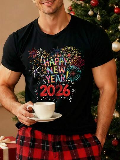 Manfinity 男士黑色T恤，印有2026新年烟花图案。休闲百搭，适合节日派对和圣诞节庆祝活动。送礼佳品，时尚百搭的新款上衣。