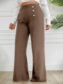 EURMUSE Plus Size Double Breasted Decorative Flared Trousers - Camel - View 4
