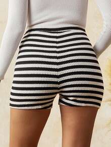 SHEIN Adjustable Waist Striped Maternity Skinny Casual Shorts Pregnancy Shorts Maternity Shorts Knit Shorts Knitted Shorts Striped Shorts,Maternity Clothes - Black and White - View 2