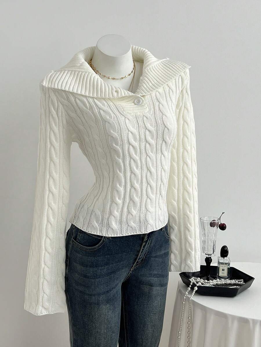 Elamini Women's Fashionable Loose Knit Pattern Button Half-Placket Long Sleeve Sweater, Autumn/Winter - White - View 1