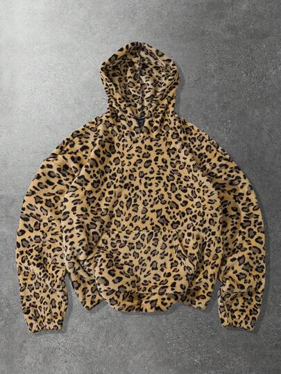 Street Life Men's Casual Leopard Print Fleece Hoodie, Suitable For Autumn