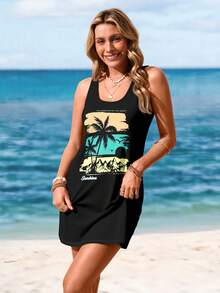 Sylviya Casual Palm Tree & Beach Graphic Sleeveless Dress, Suitable For Spring/Summer Chic Dress,Vacation - Black - View 3
