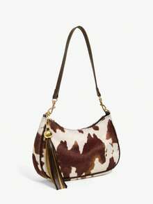 SHEIN SXY Ladies, Women Shoulder Bag, Hobo Bag, Cow Print, Animal Print, Tassel Decorative Pendant, Retro, Vintage, Fashionable, Elegant, Simple, Personalized, Versatile, Classic, For Commute, Office, Date, Daily, Shopping, Afternoon Tea - cow pattern - View 2