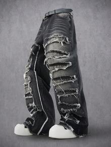 Manfinity Denimwave Men's Vintage Washed Patchwork Distressed Denim Jeans Emo Jeans Black Ripped Jeans Men - Black - View 3