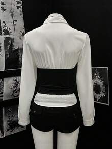 SHEIN Unity 2 In 1 Sexy Deep V-Neck Punk Style Shirt - Black and White - View 2