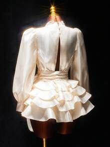 Amplova 女士优雅派对纯色荷叶边迷你连衣裙 - 杏色 - 查看 7