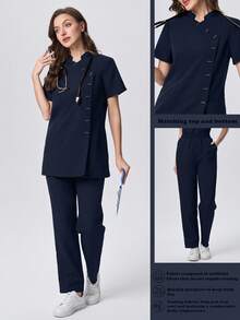 Scrubzie 两件套防皱立领短袖多扣女式工作服上衣和裤子套装 - 藏蓝色 - 查看 1