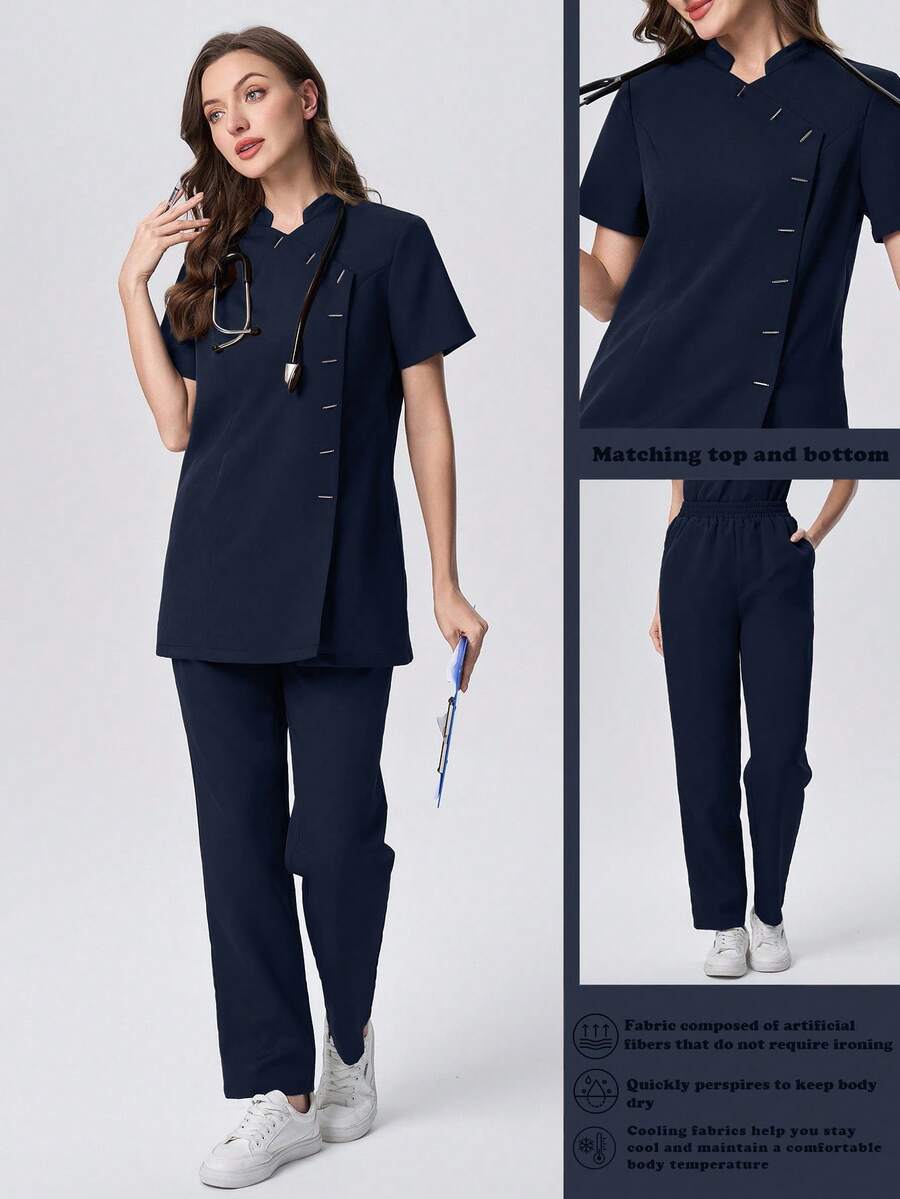 Scrubzie 两件套防皱立领短袖多扣女式工作服上衣和裤子套装 - 藏蓝色 - 查看 1