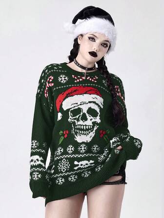 Goth Maglione oversize stile gotico con cappello di Babbo Natale a forma di teschio