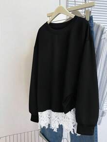 GlowEve CURVE Plus Size Women's Crew Neck Contrast Ruffle Trim Solid Color Long Sleeve Sweatshirt, Autumn/Winter - Black and White - View 3