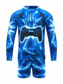 SHEIN Tween Boy Casual Fitted Video Game Glow-In-The-Dark Pattern Tankini 2 Pieces Swimsuit, Suitable For Spring/Summer, Beach Vacation - Multicolor - View 3