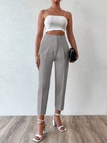 EURMUSE Solid Color Fold-over Pleated Tapered Pants - Grey - View 4