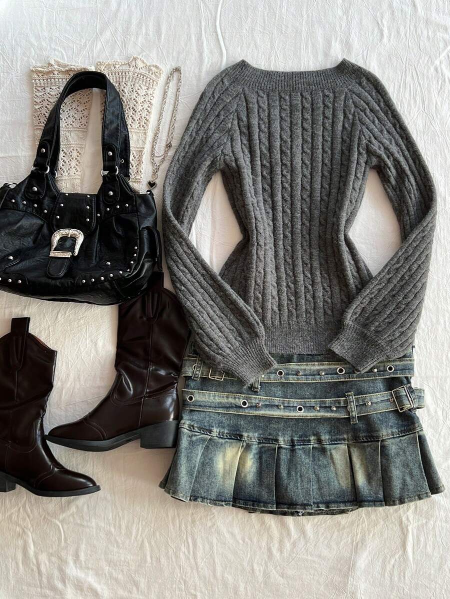 Elamini Suéter ajustado de punto de cable de unicolor con cuello en V para uso diario y casual de mujer, otoño/invierno (cadena de cintura no incluida) - Gris - Ver 1