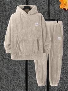 SHEIN Cottnline 2pcs Men's Applique Fleece Hooded Sweatshirt And Sweatpants Set - Beige - View 5