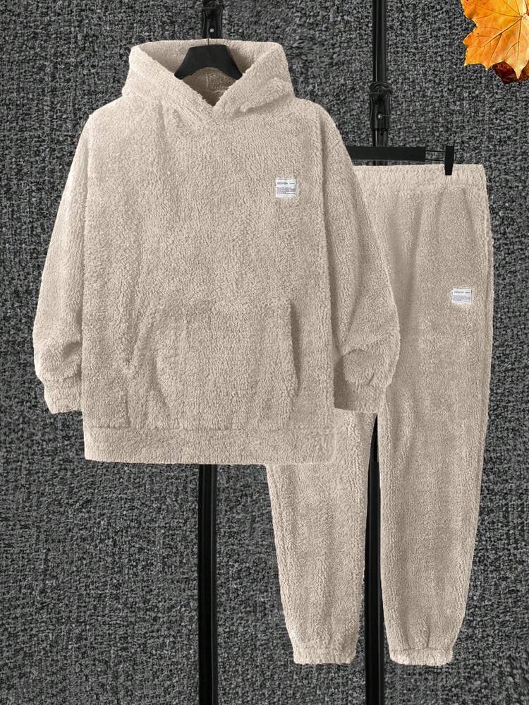 EURMUSE 2 pièces Ensemble Sweat-shirt à capuche et pantalon de survêtement avec appliqué pour hommes - Beige - Voir 5