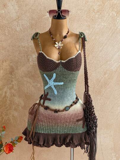  Soleia Women's Vacation Halter Tie Hollow Backless Vintage Ombre Marl Color Starfish Embroidered Knit Dress, Suitable For Party, Evening, Sexy, Date, Beach Vacation, Summer Outfit, Holiday Date, Afternoon Tea, Seaside Beach Cruise Vacation, City Vacation, Boho Vacation, Music Festival, Beach Dress, Can Be Worn Inside Or Outside, Suitable For All Seasons Beachy Dress Starfish Dress Mermaid Outfit Women Knit Dress Women Boho Knit Dress Hippie Dress