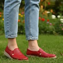 Calzado casual en Piel genuina , zapato de piso, mocasín moderno, zapato con elástico, calzado cómodo, zapato con perforaciones, zapato ventilado, calzado diario, zapato artesanal, zapato ligero - Rojo - Ver 3