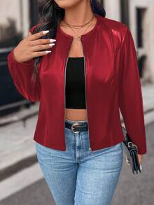 SHEIN LUNE Plus Size Casual Solid Color Cropped Bomber Jacket, Suitable For Autumn Fall Winter Cloth For Women - Red - View 3