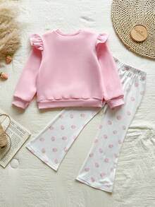 Vintaside Kids 女童春秋季圆领长袖清新时尚简约连帽衫搭配休闲简约草莓印花长裤套装，适合温和天气外出、露营或日常休闲穿着。 - 粉色 - 查看 2