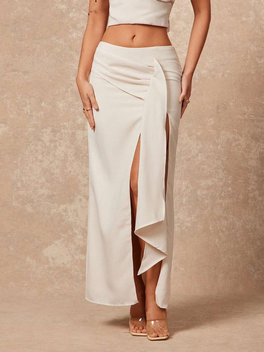 Lumalex Women's Off-White Autumn Elegent Vacation Pencil Skirt,Elegant Knot Front High Slit Ruched Fishtail Hem Minimalist Solid Luxury Party Graduation