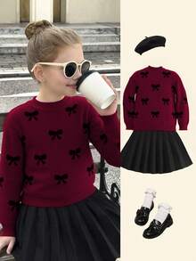 SHEIN 少女爱心图案落肩圆领毛衣搭配纯黑色百褶裙两件套，适合日常穿着、返校季、休闲场合，秋冬季保暖舒适。 - 酒紅色 - 查看 7