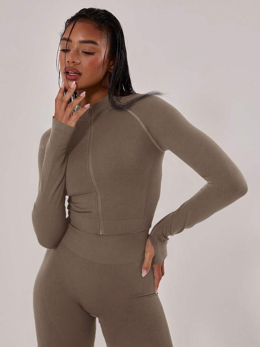 Musera Sport Stitched Seam Detail Cropped Long Sleeve Full Zip Top Jacket,Padel, Tennis, Pickleball Gym Fitness Fall Winter - Mocha Brown - View 1