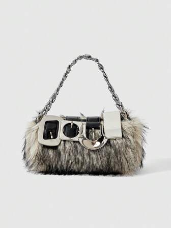 Grunge Punk 2000s Style Women  Handbags,Punk Rivet Biker Bags,Metal Chain Bag,Fur Purse ,Autumn & Winter Wallets(Random Pattern)