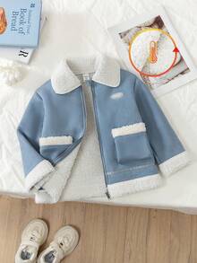Genkimix Kids Winter Young  Girl's Blue Fashionable Plush Jacket With Zipper Pocket, Casual And Comfortable, Suitable For School And Outdoor ActivitiesFashionable Girls Faux Fur Lined Jacket, Casual & Versatile, Autumn/Winter Cute Jacket Kids Jacket Girl Clothes Autumn And Winter Clothes Fleece Jacket Coat For Girls Blue Jacket For Girls - Blue - View 1