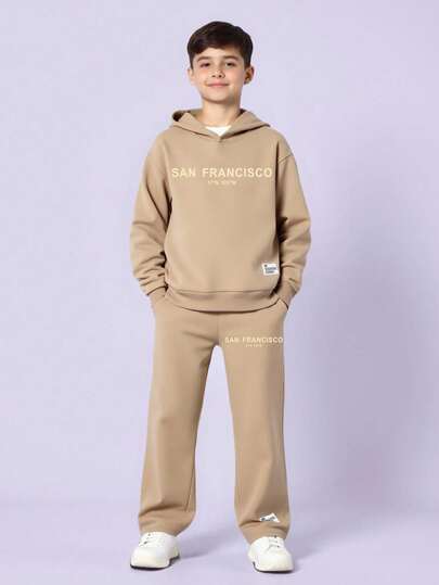 两件套儿童/青少年男童休闲日常舒适印花连帽卫衣和宽松运动裤套装