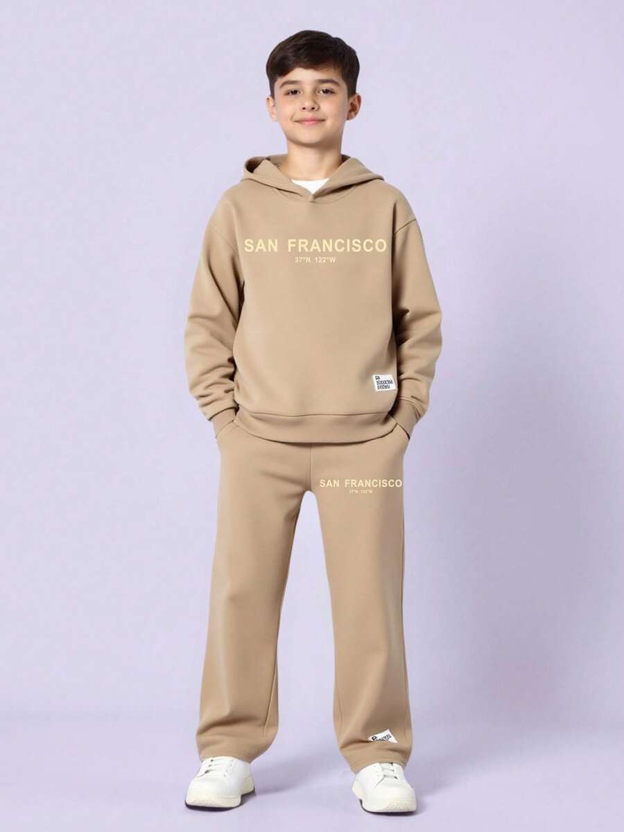 两件套儿童/青少年男童休闲日常舒适印花连帽卫衣和宽松运动裤套装 - 卡其色 - 查看 1
