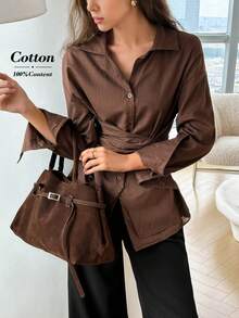 Easowa Elegant Women's Cotton Elegant Commuter Brown Top Tie Waist Blouse Stylish Long Sleeve Top Business Going Out Top - Redwood - View 3