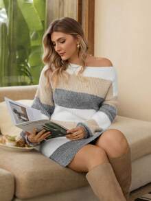 Rosumi 大码女式船领灯笼袖毛绒保暖休闲宽松日常感恩节毛衣连衣裙，适合冬季