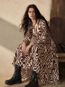 Zovinel 女式简约几何印花长袖连衣裙 - 棕色 - 查看 1