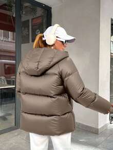 EURMUSE Woman Solid Color Woven Padded Insulated Winter Coat Jacket Zip Up Snap Button Front Hoody Neck Short Regular Length Winter Clothing Casual - Mocha Brown - View 2