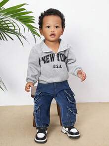 SHEIN Pantalones vaqueros de bebé niño con múltiples bolsillos y costuras de contraste, versátiles para uso al aire libre - Azul lavado oscuro - Ver 4