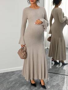 SHEIN Elegant Maternity Dress With Stretchy Fabric, Mermaid Hem And Ruffle Sleeves - Khaki - View 5